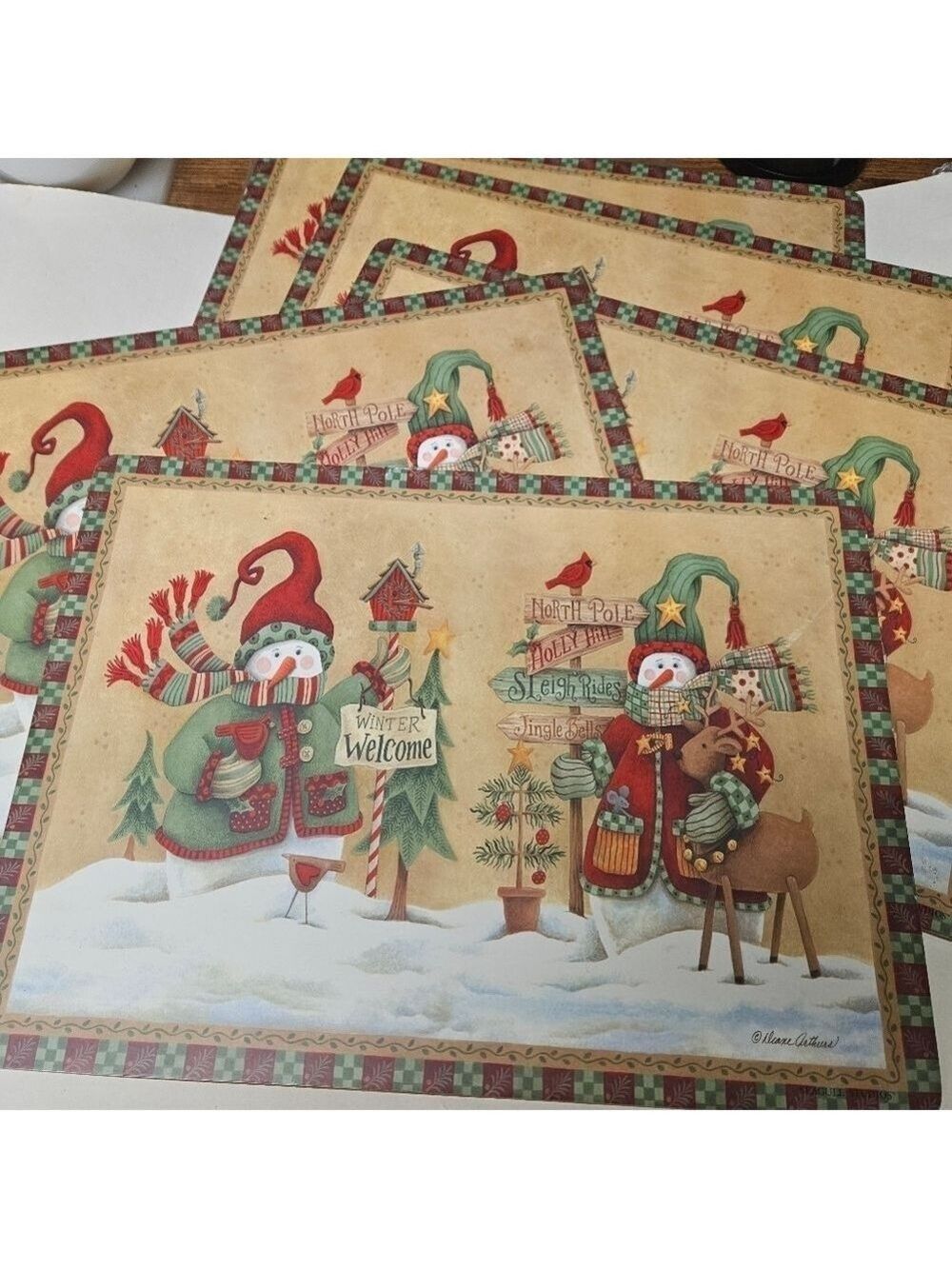 Vintage 5-Piece Set Christmas Snowmen Cork Backing Placemats - Picture 1 of 5